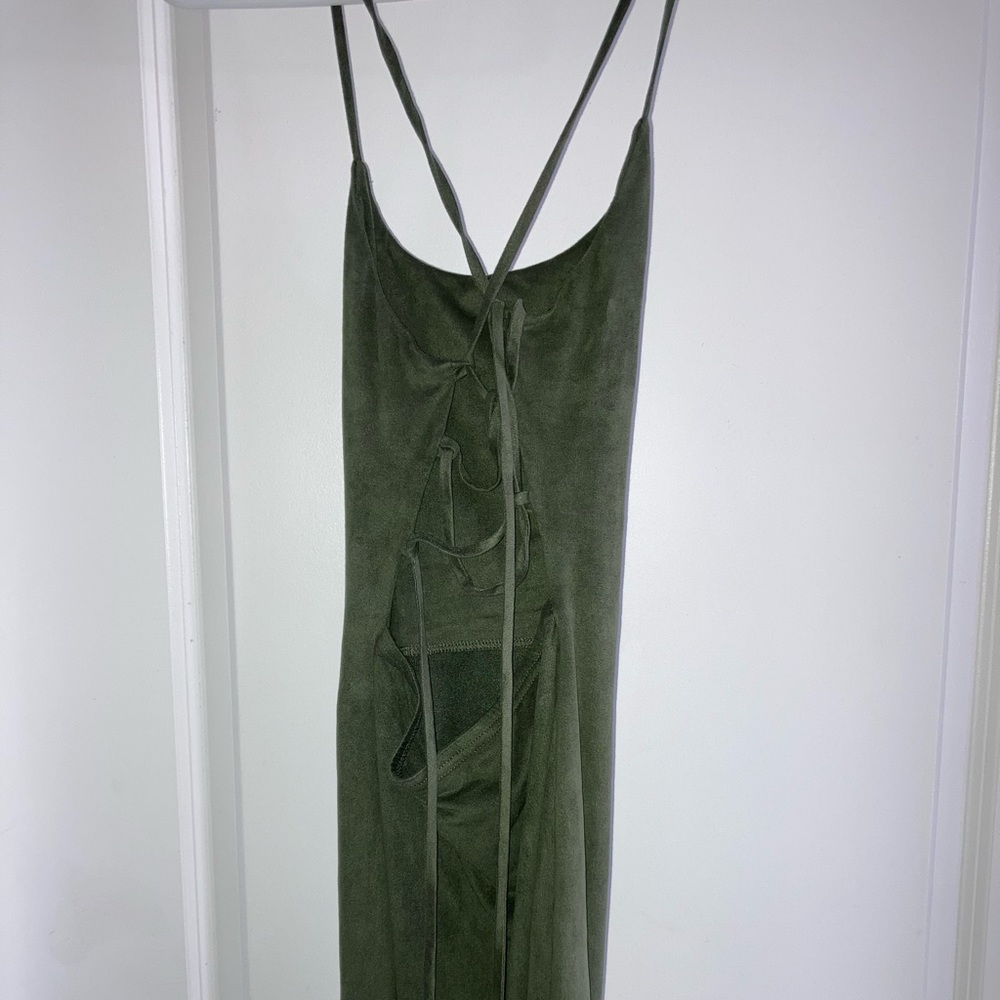 Fitted Olive Green Faux Suede Dress Size Small - Picture 5 of 12